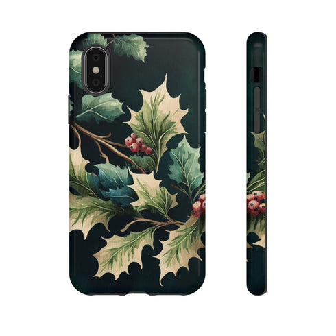 Dark Green Festive Holly in Watercolor - Impact Resistant Phone Case iPhone XS Glossy